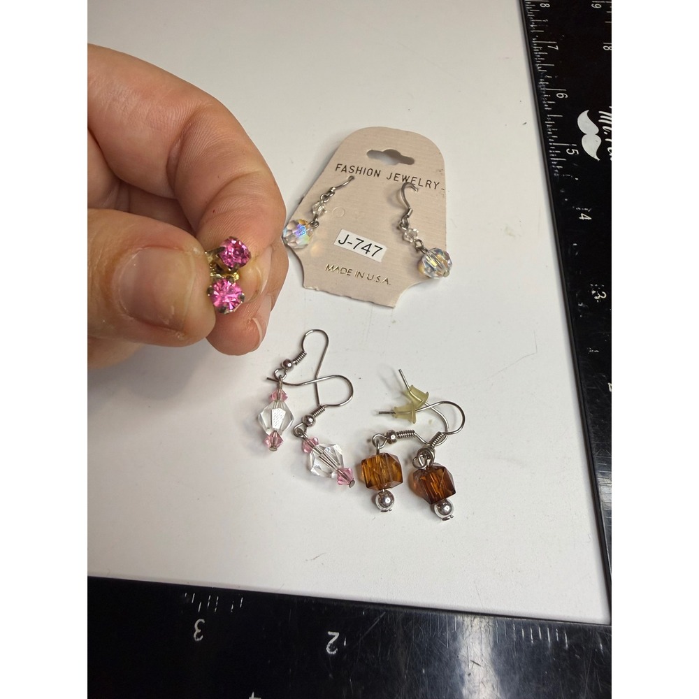 Lot of 4 Pairs Earrings Crystal Drops Pink Rhinestone Studs Amber Dangles USA